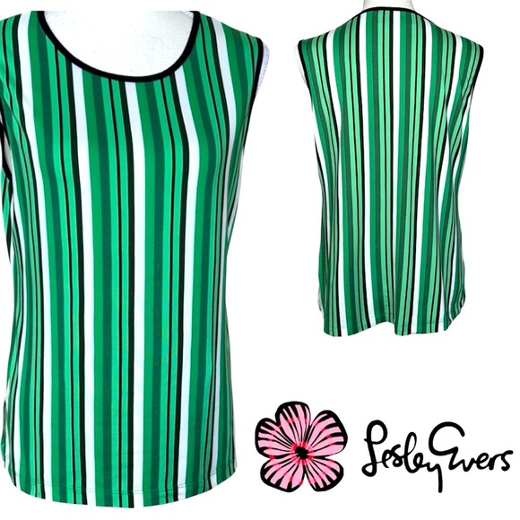 Lesley Evers Striped Green Sleeveless Tank Top Contrast Trim Multi Hues - Picture 1 of 11